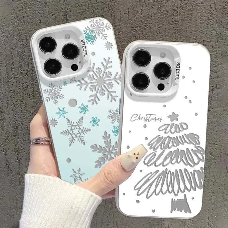 Phone Case For iPhone 17 16 15 Plus 17 Air 16E 14 13 12 11 Pro MAX Hard Silver Laser 3D Christmas Santa Claus Snowman Tree Cover