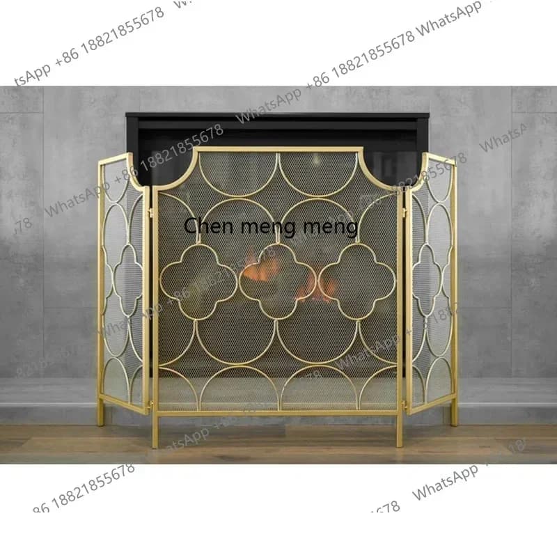 European fireplace screen wrought iron gold fireplace partition folding fireproof fireplace door with meshJJ