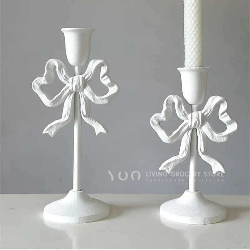 Retro Pink Bowknot Candlestick Cast Iron Single Head Wax Holder White Classical  Candle Holder Ornaments Diningtable Decor