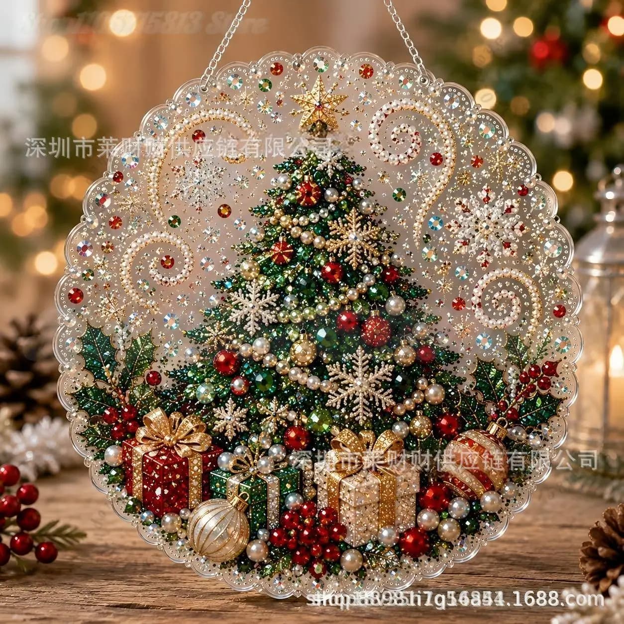 DIY Christmas Pearl Diamond Hanging Ornament Round Xmas Tree Window Wall Decor Ready To Hang Farmhouse Holiday Party Gift