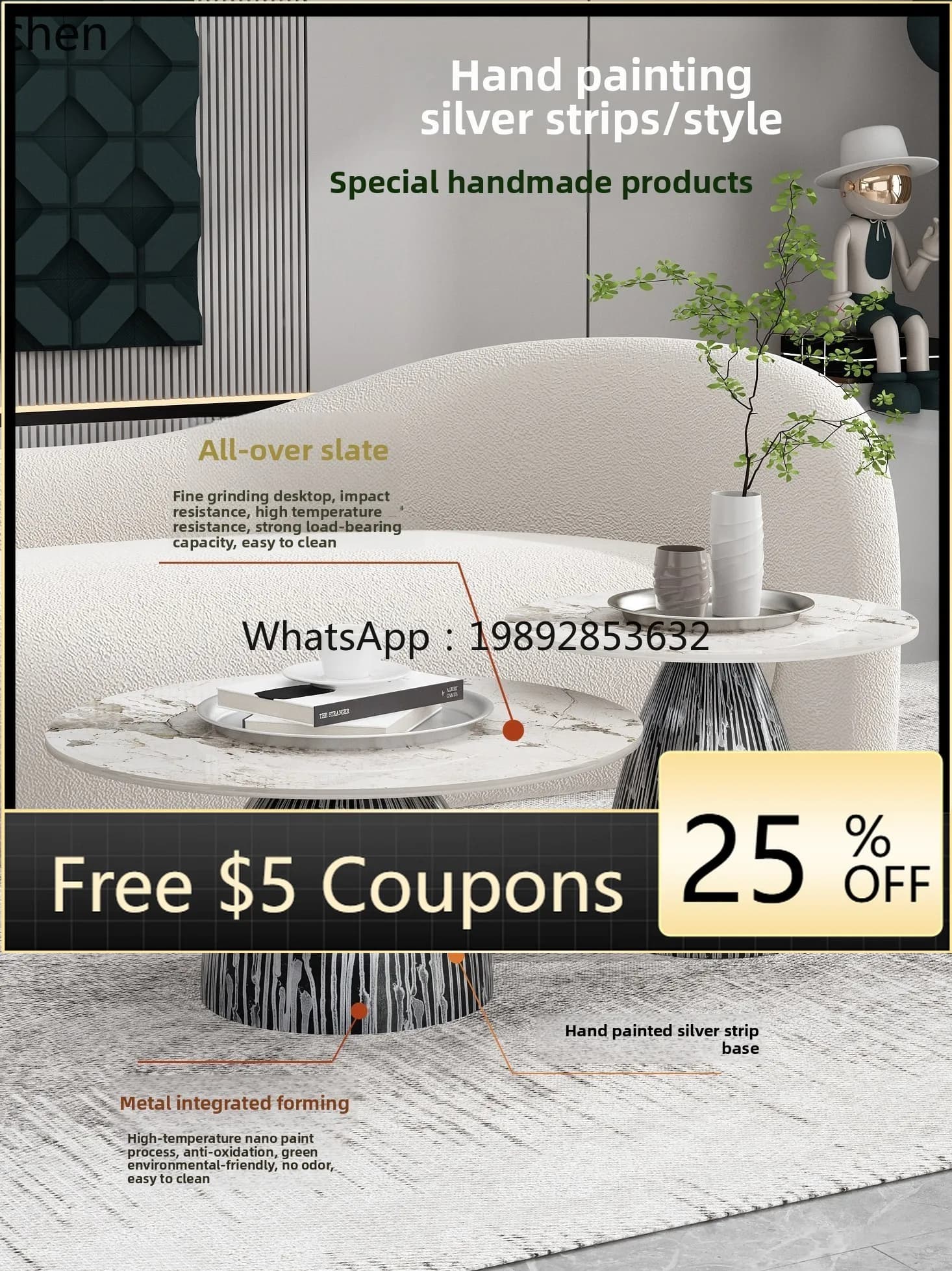 W1  coffee table light luxury creative home sofa edge table green coffee table wrought iron combination