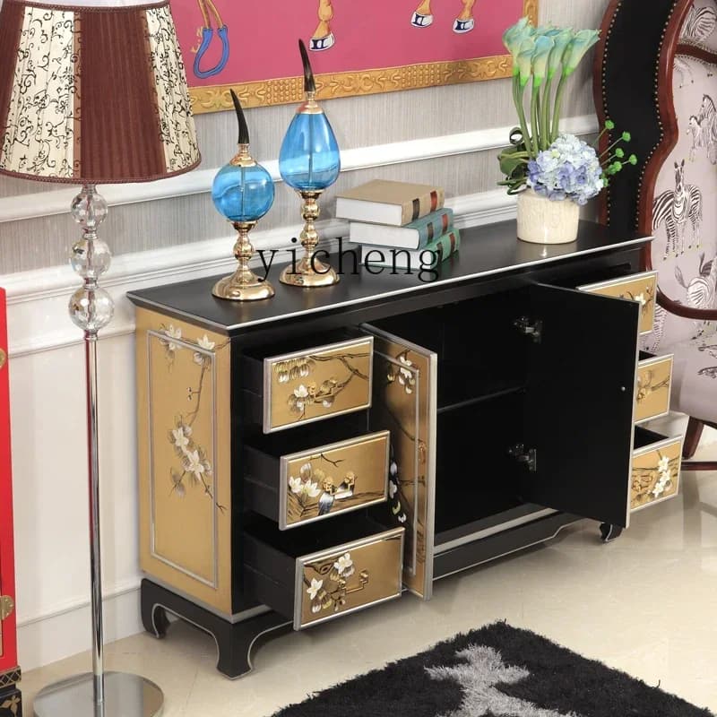 b2 living room solid wood gold foil hand-painted flower and bird entrance decorative cabinet against the wall meal preparation