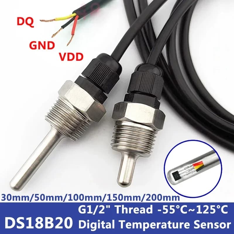 DS18B20 Digital Temperature Sensor with G1/2" Thread Probe Diameter 8mm PVC 3-Core Wire SUS304 Stainless Steel Shell L30-200mm