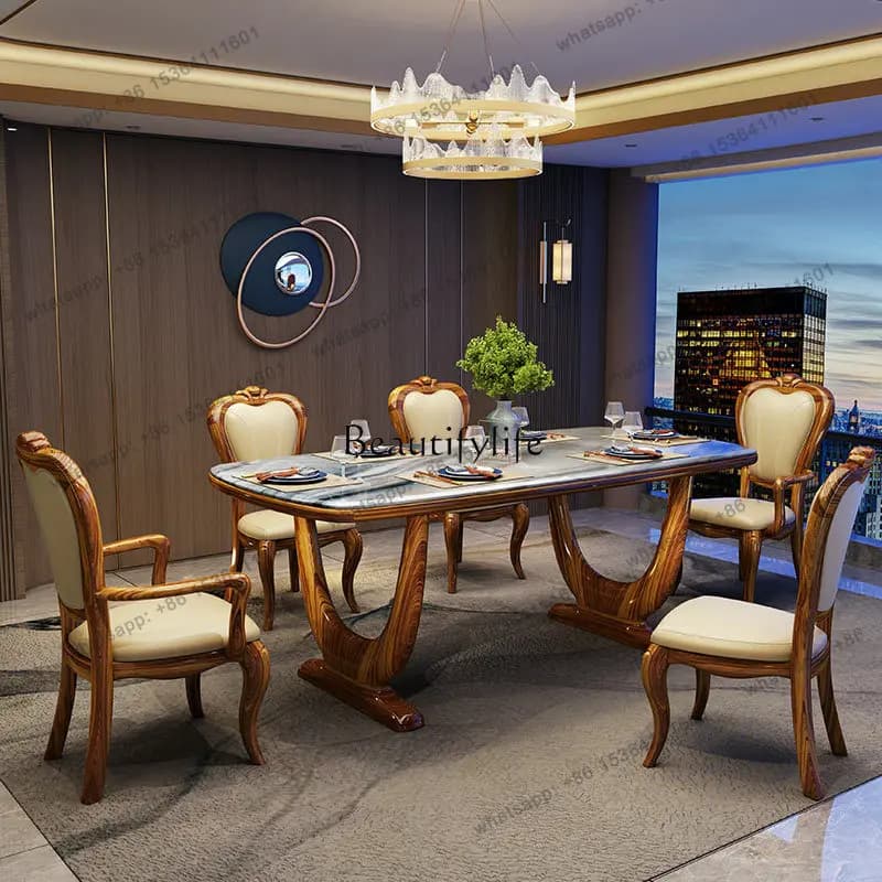 13Ugyen Wood Rectangular New Chinese Marble Solid Wood 6 People Dining Tables and Chairs Set