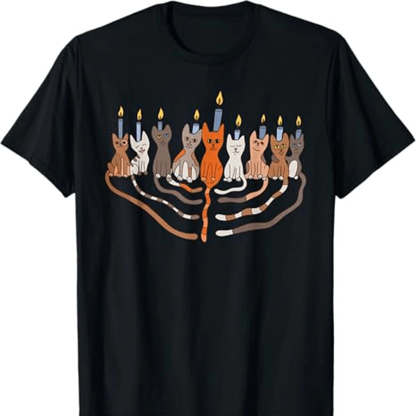 Funny Hanukkah Cat Menorah T-Shirt 100% Cotton O-Neck Short Sleeve Summer Casual Mens T-shirt Streetwear