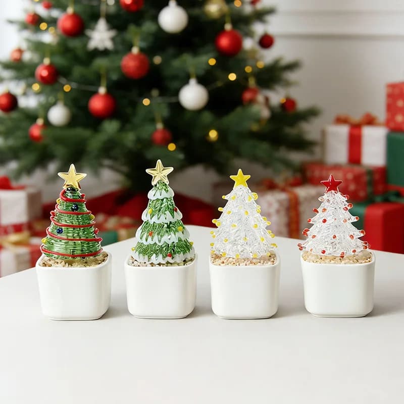 3/5pcs Mini Glass Christmas Tree Figurine Handmade Crystal Holiday Ornament Tabletop Shelf Desk Entryway Home Decor Gift