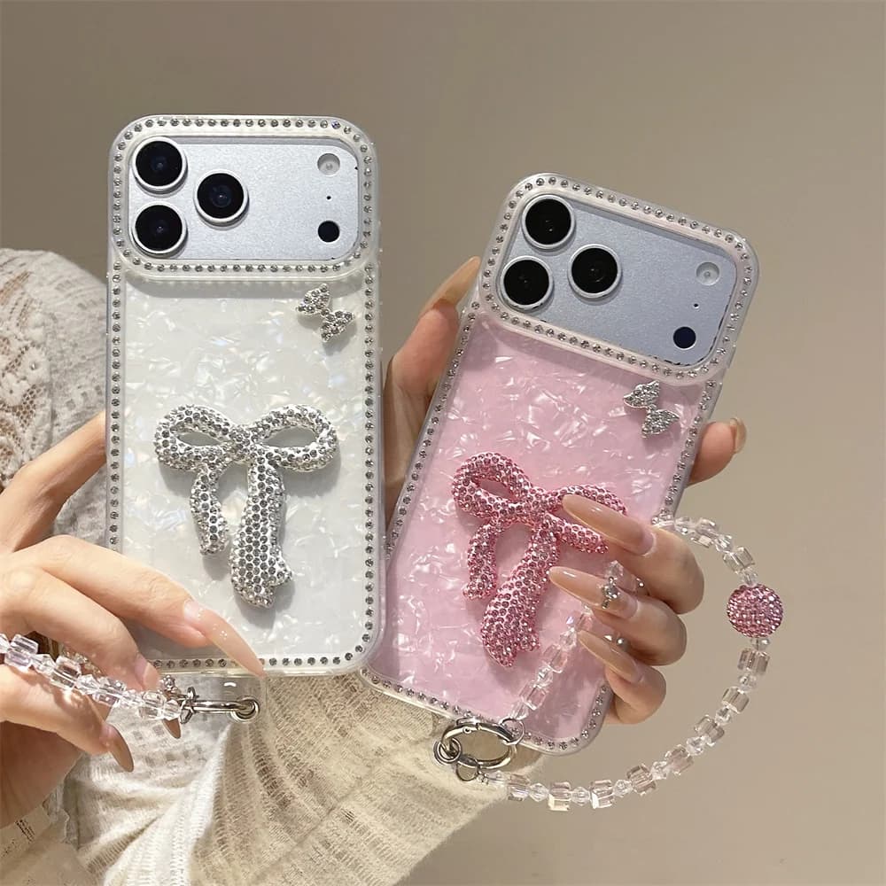 for iPhone 17 Pro Max Luxury Glitter Rhinestone Bow Stylish Phone Case with Beaded Wrist Strap for iPhone 16 15 14 13 Glam Cover