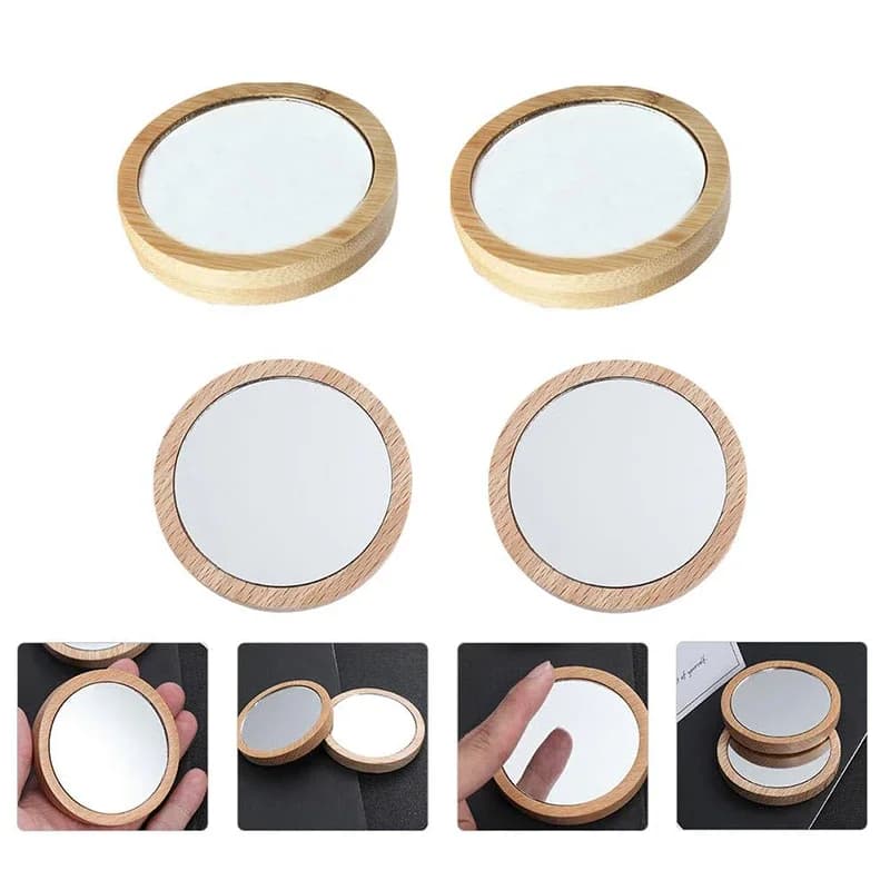 5 Pieces Wooden Pocket Mirror Portable Wood Round Makeup Mirrors Guest Wedding Favors Baptism Gift