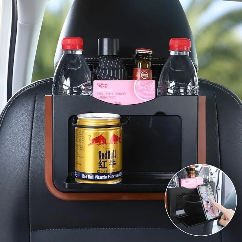 Car Trash Can Organizer Net for Storage Bag Auto Pocket Tablet Phone Glasses Protection Tray Back Table Rear Seat Cup Holder