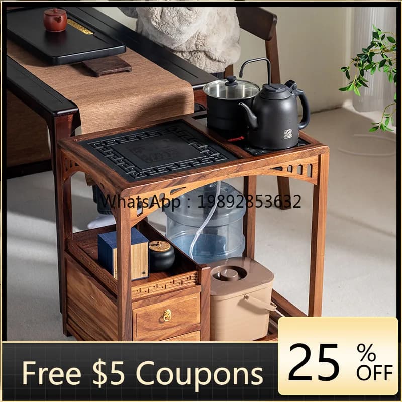LYY Walnut Solid Wood Tea Cabinet Tea Table Simple Luxury Tea Table Kettle Integrated Mobile  Table Side