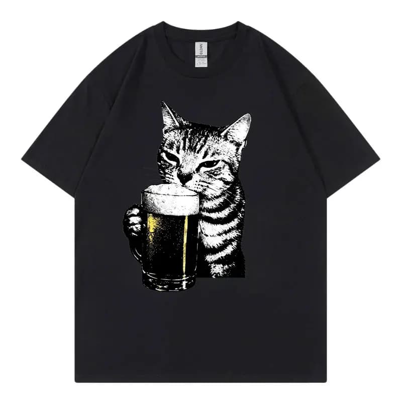 Cat Drinking Beer Funny T-shirts Men Women Vintage Fashion Short Sleeve T-shirt Summer Casual Loose Cotton T Shirts Streetwear