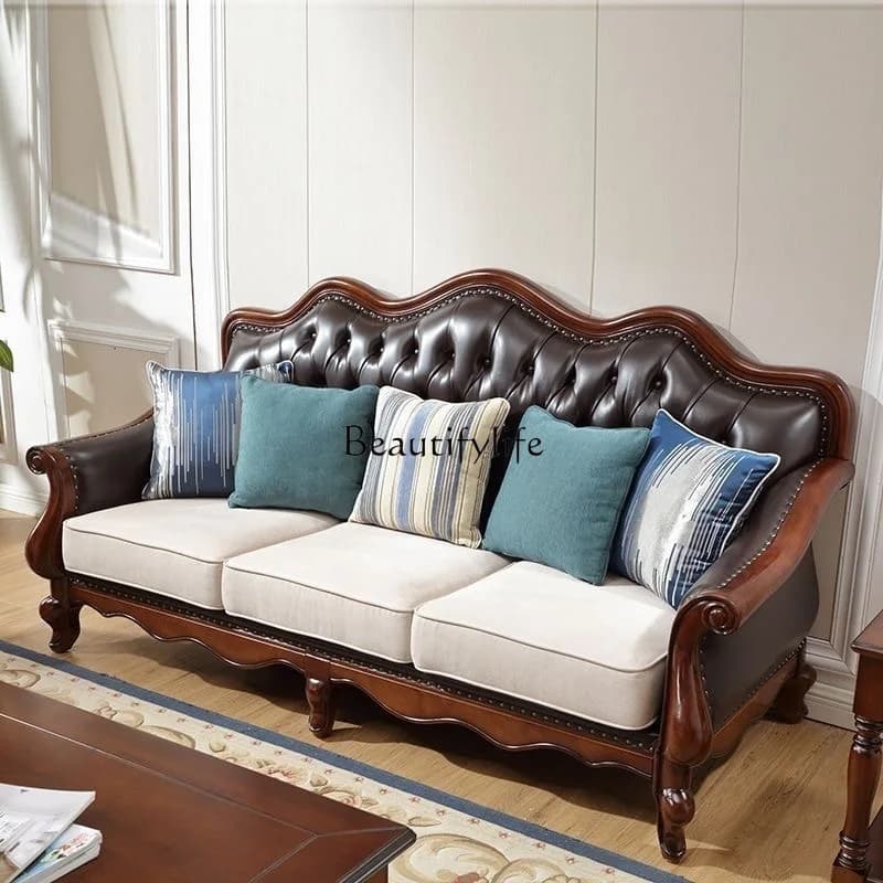 American all-solid wood leather sofa European double triple retro modern simple