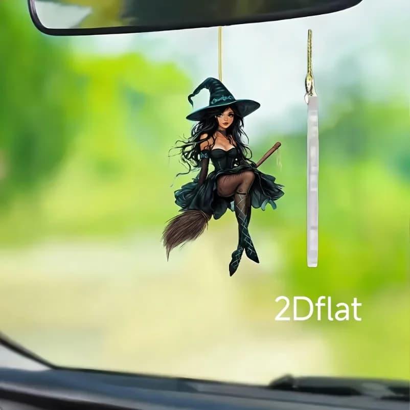 1Pc Witch Riding Broom 2D Flat Car Rearview Mirror Hanging Ornament, Suitable for Keychains, Cars and Backpacks Decorations