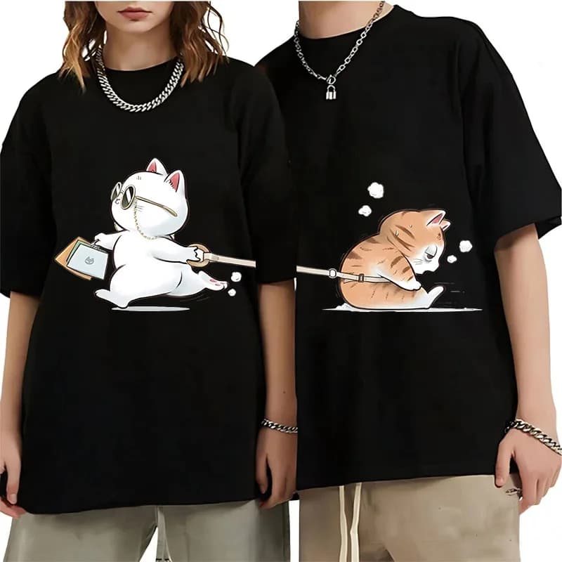Couple Shirt Cute Cartoon Cats Graphic T-Shirts Kawaii Girls Women Tshirt 100% Cotton Y2k Clothes Summer Men Short Sleeve Tops