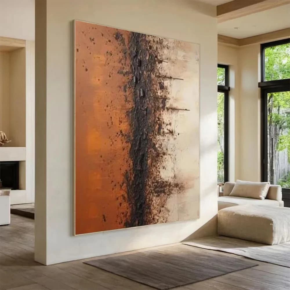 Large abstract orange and apricot canvas paintings, minimalist texture wall decoration, modern home decor