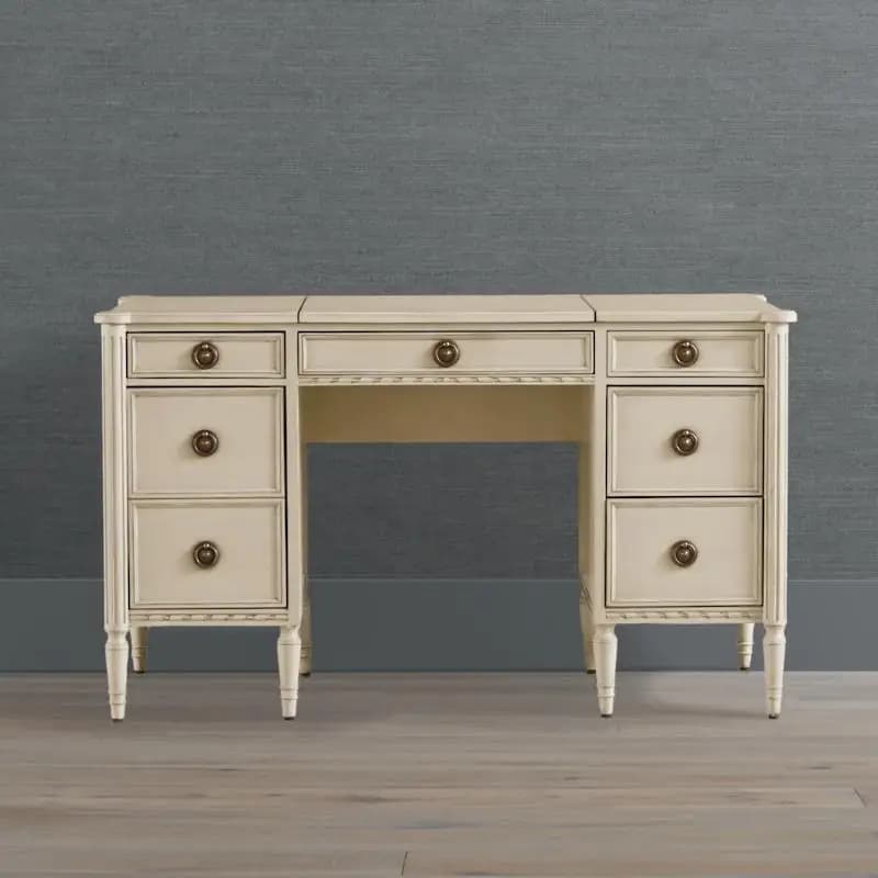 French Country Style Vintage Wooden Vanity Desk with 7 Drawers Dresser Makeup Vanity Table for Bedroom
