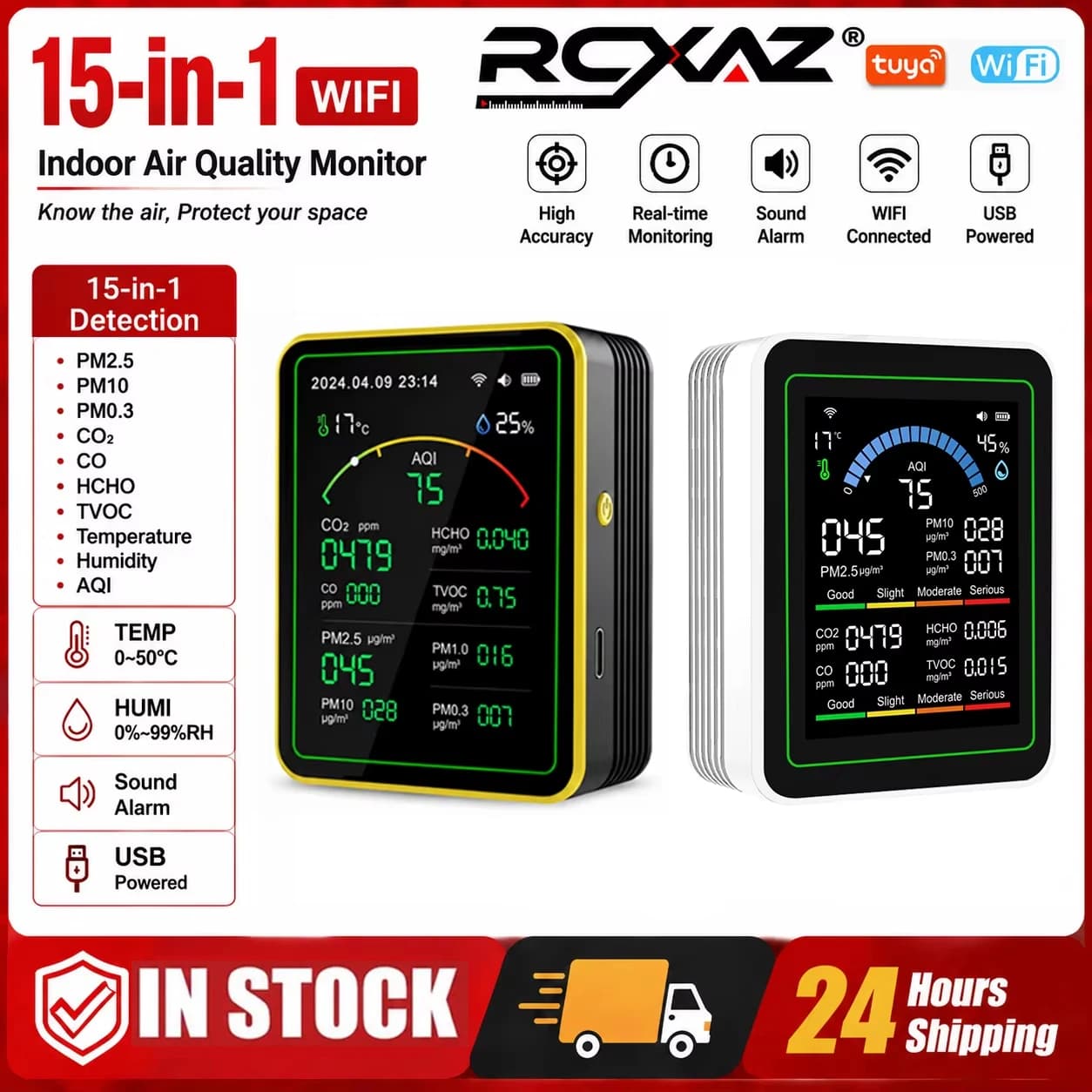 Tuya WiFi Smart Air Quality Monitor 15-in-1 CO2 Meter PM2.5 CO TVOC HCHO Detector TFT Screen Rechargeable Gas Analyzer Home