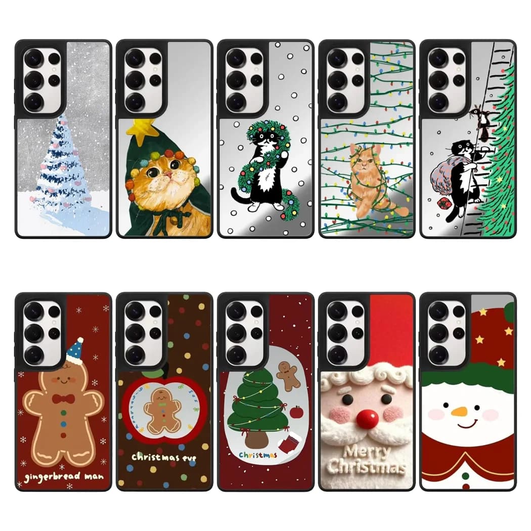 Merry Christmas Tree Cat Mirror Surface Magnetic Phone Cover for Samsung Galaxy S23 S24 S25 Ultra S25+ Plus Case