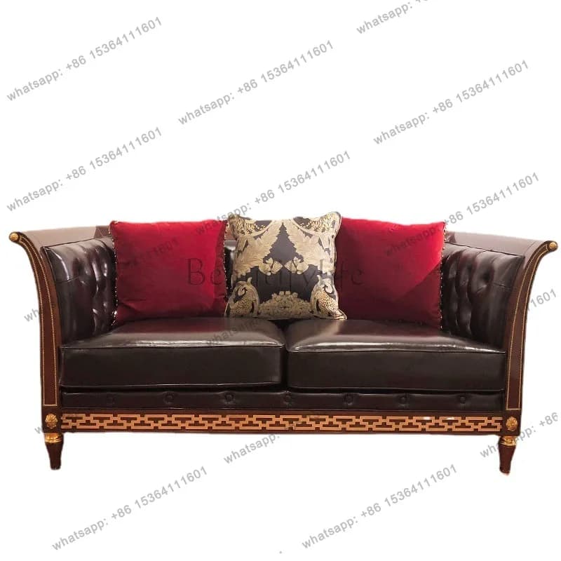 European neoclassical three-person sofa villa mansion brown peach blossom core English sofa