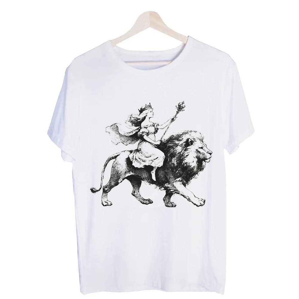 Men's Princess and Lion Fantasy Graphic Tee, Short Sleeve Crew Neck T-Shirt for Casual Daily Wear