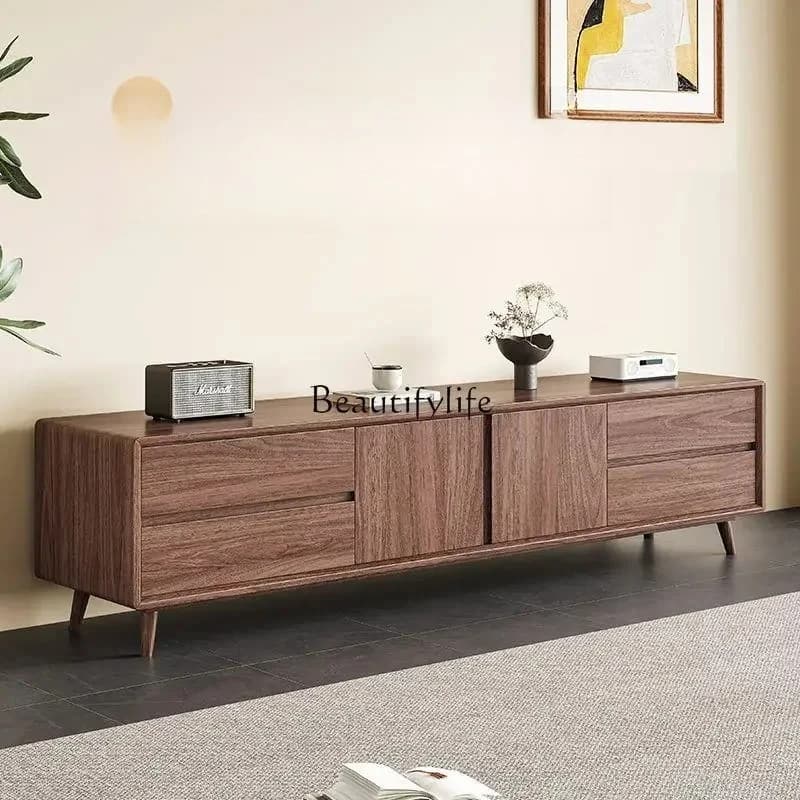 02  Black walnut TV cabinet All solid wood storage cabinet Narrow cabinet with drawers