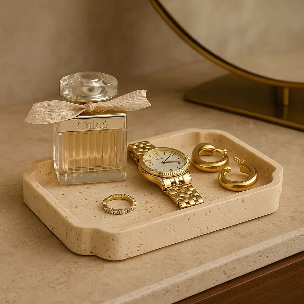 Natural Travertine Catchall Tray Solid Stone Minimalist Vanity Organizer for Jewelry Perfume Trinket