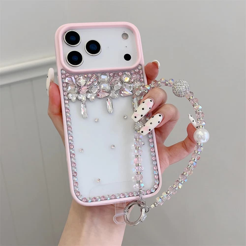 Luxury Shimmer Tear Drop Rhinestone Clear Phone Case for 17 Pro Max Matte Frame Wrist Strap Protective Cover for iPhone 16 15 14