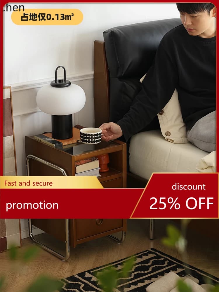 YFY Solid Wood Small Narrow Bedside Table Nordic Retro Bedroom Side Cabinet Stainless Steel