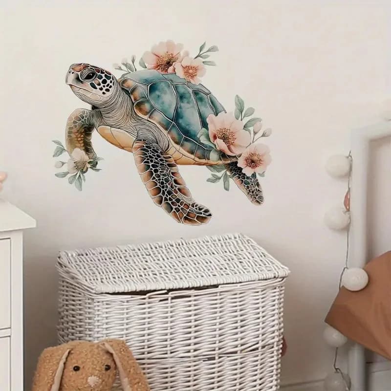 Watercolor Floral Turtle Stickers,Wall Toilet Decal Removable, Waterproof Vinyl Car Sticker for Bathroom Decor, Outdoor Indoor
