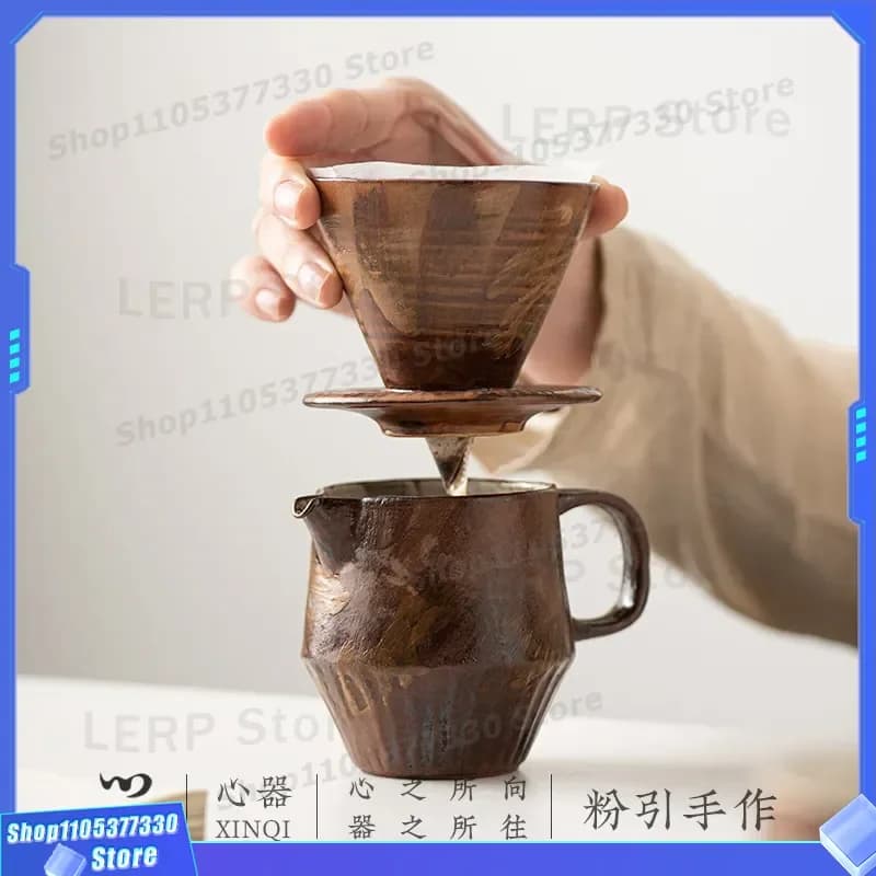 Retro Coarse Pottery Coffee Filter Set Silent Color Hand Made Pour Over Dripper Household Manual Brewing Kit Sharing Pot Cup