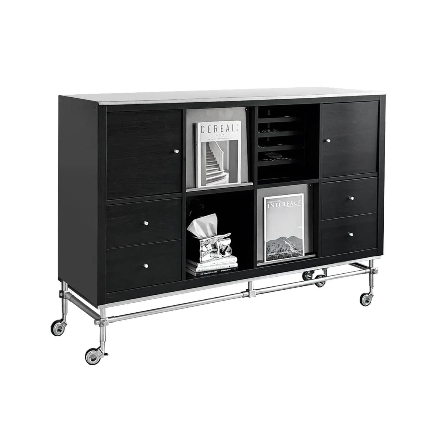 YJQ stainless steel countertop sideboard for living rooms, floor-standing with wheels, movable bookshelf storage cabinet