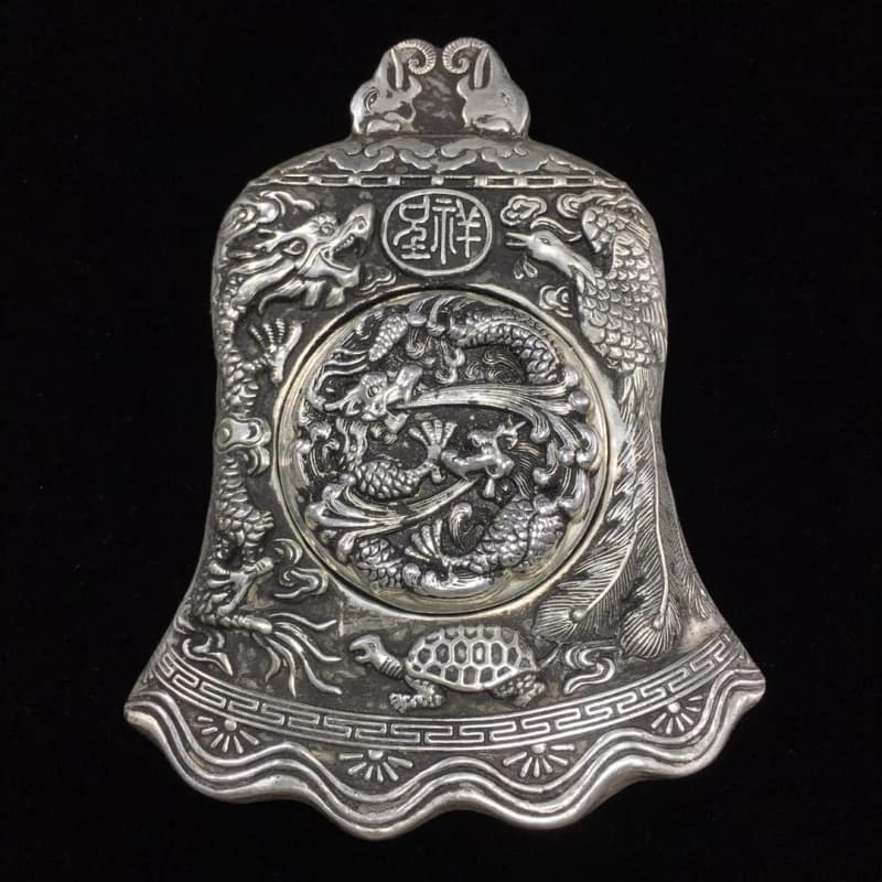 Creative stationery ornaments: silver-plated auspicious dragon and phoenix small cover inkstone, made of white copper mat