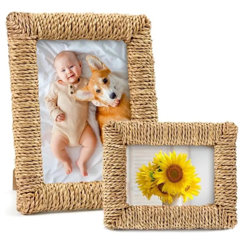 2 Pcs Rattan Picture Frame, 4X6 & 5X7 Boho Photo Frame Handmade Farmhouse Wicker Picture Frame Set For Wall And Tabletop