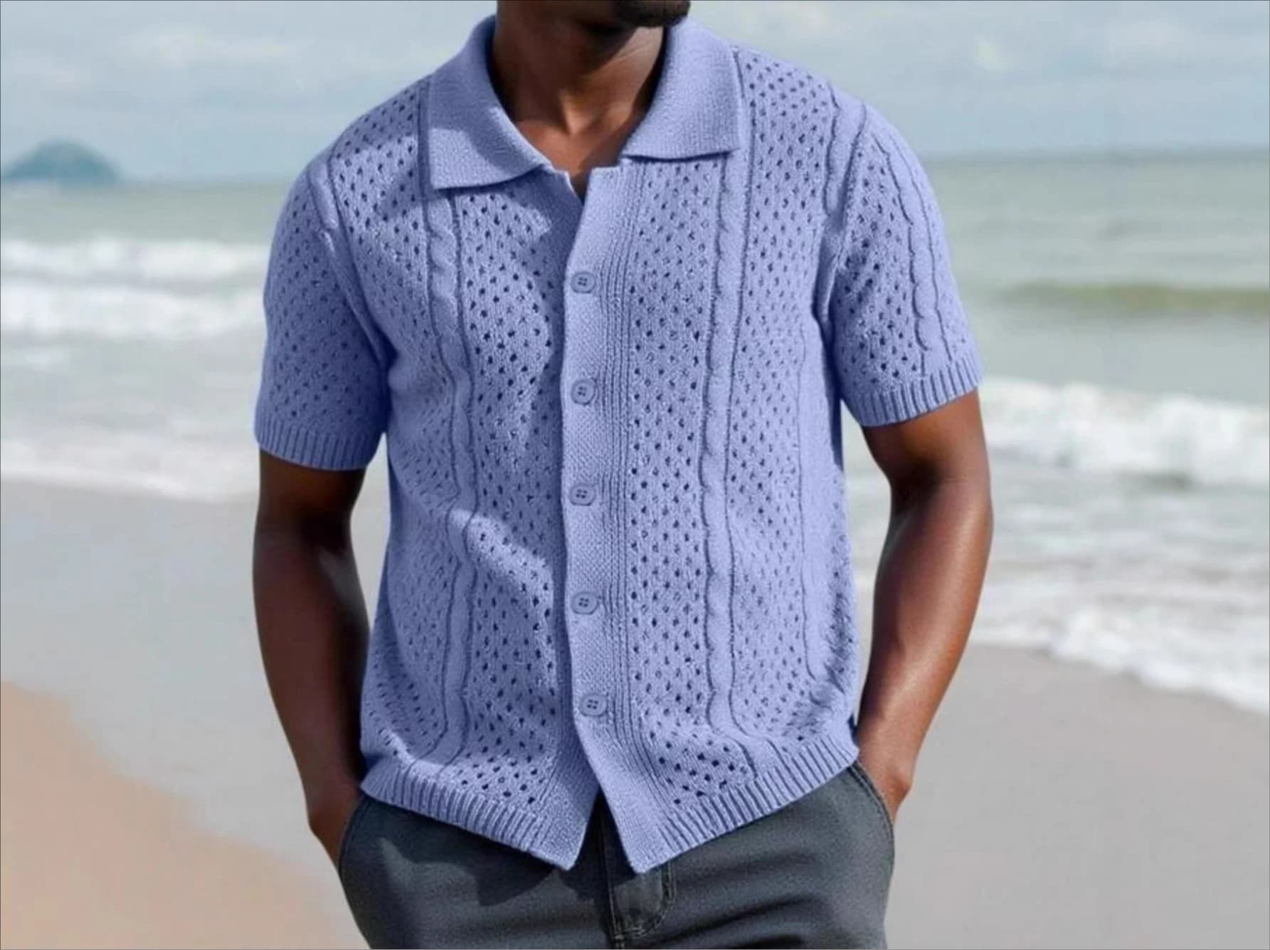 Summer Short Sleeve Lapel Fashion Knitted Men's Casual Button Cardigan POLO Shirt Hollow Retro Top