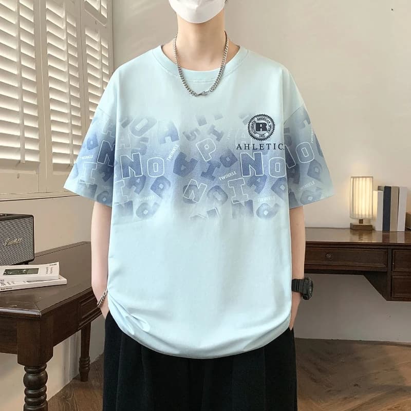 Men's Casual Short Sleeve T-Shirt with Letter Print Round Neck Loose Fit Breathable Summer Tee Top