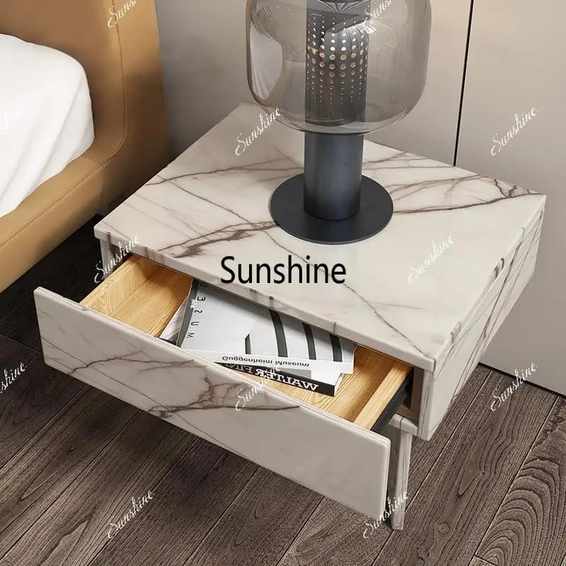 Italian Minimalist Marble Nightstand, Geometric Base Bedside Table with One-Piece Cutting, Impact&Moisture Resistant, Customize