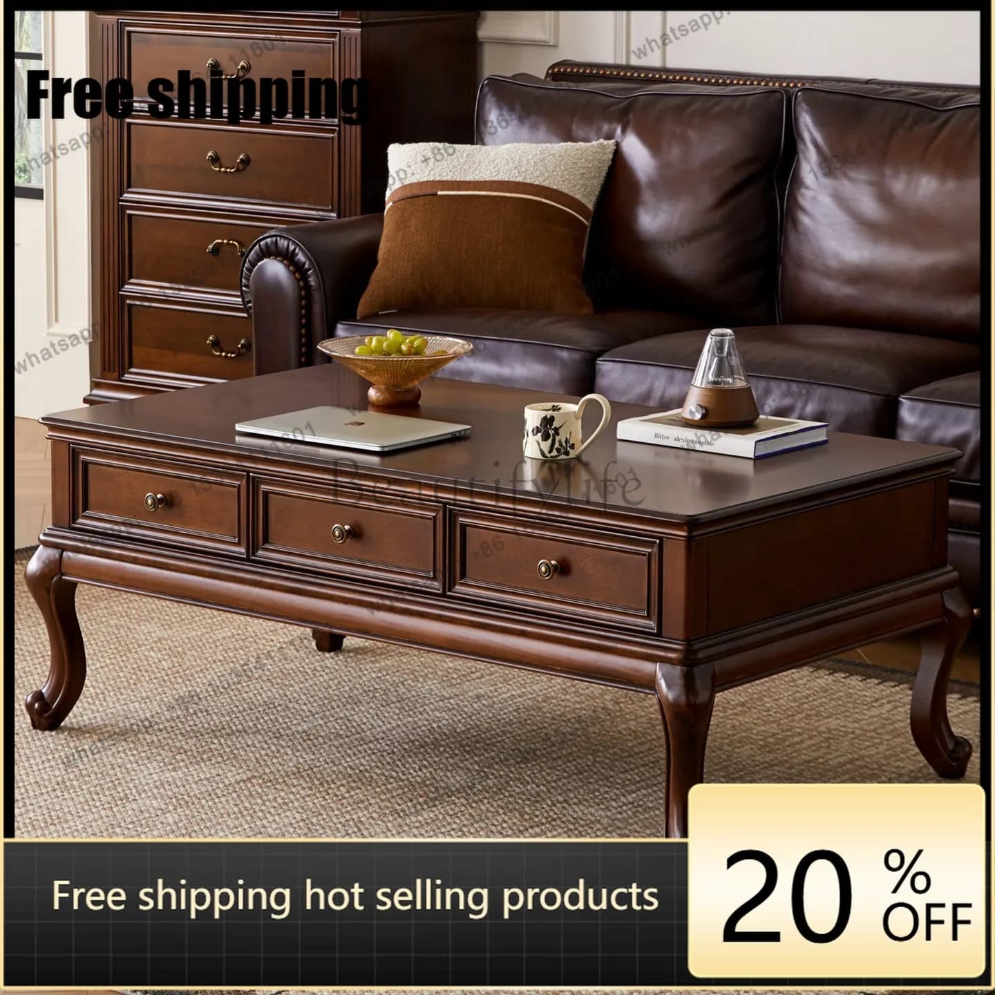 XX American all solid wood living room storage with drawer coffee table combination pure log coffee table