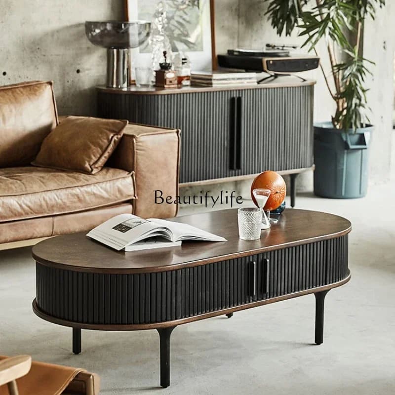 FGSolid wood coffee table small apartment oval tea table simple modern living room log furniture