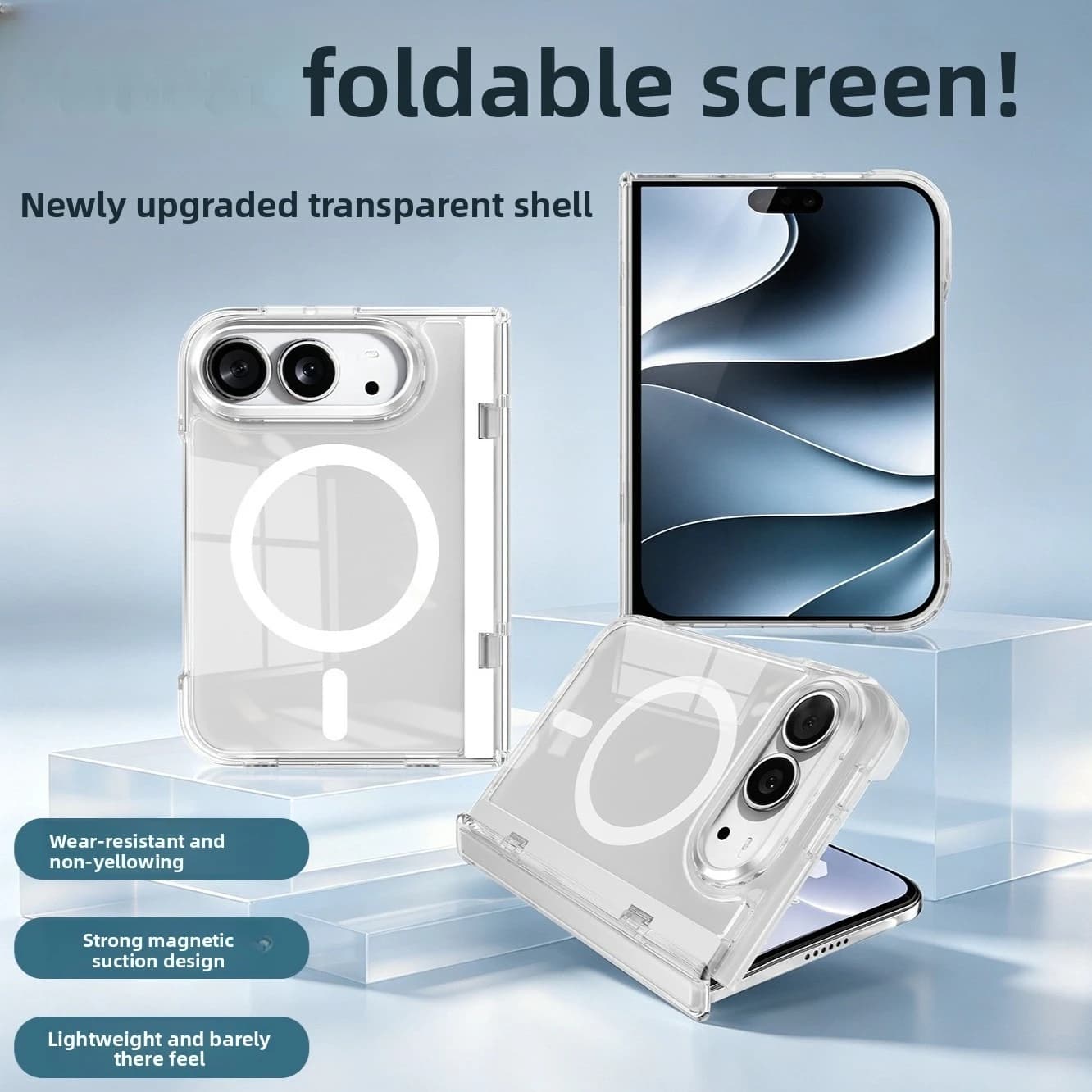 Transparent Magnetic Phone Case For iPhone Duo Fold Hinge Protective Rebound For MagSafe Wireless Charging Hard Shockproof Cover