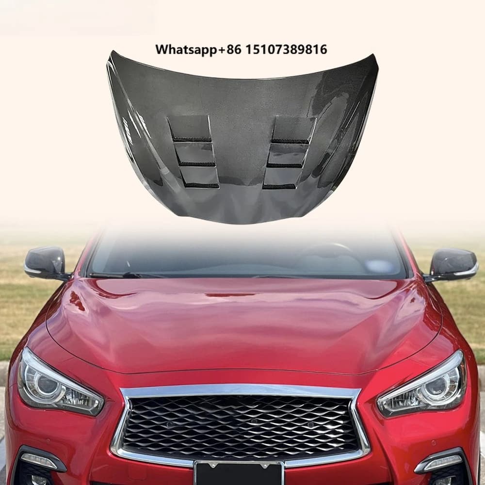 For Q50 V37 Sedan 4 Door 13-24 Carbon V2 Style Front Vented Clear Hood
