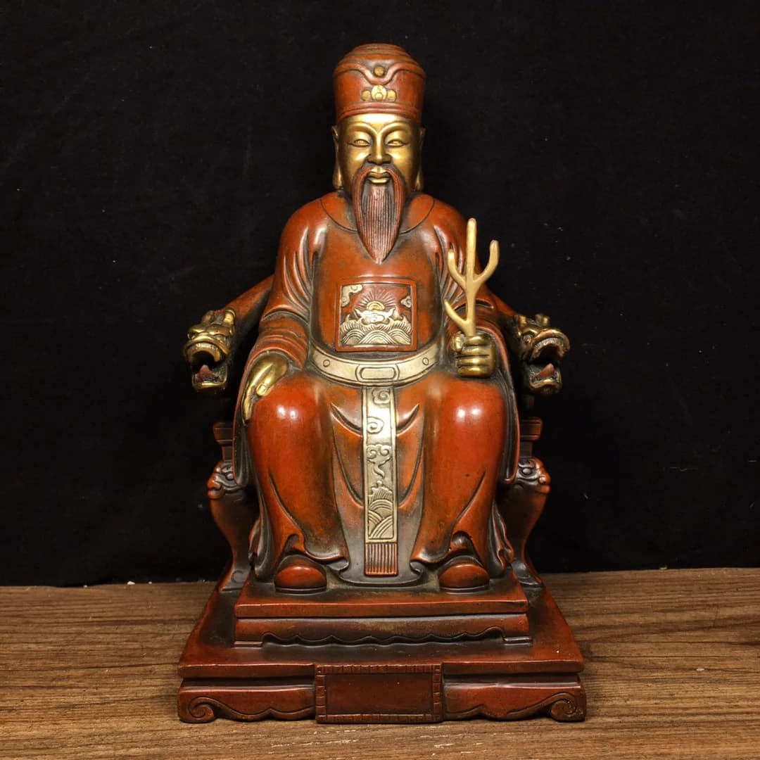 9"Tibetan Temple Collection Old Bronze Gilded True Gold Silver God of Wealth Statue Emperor's chair Amass wealth Worship Hall