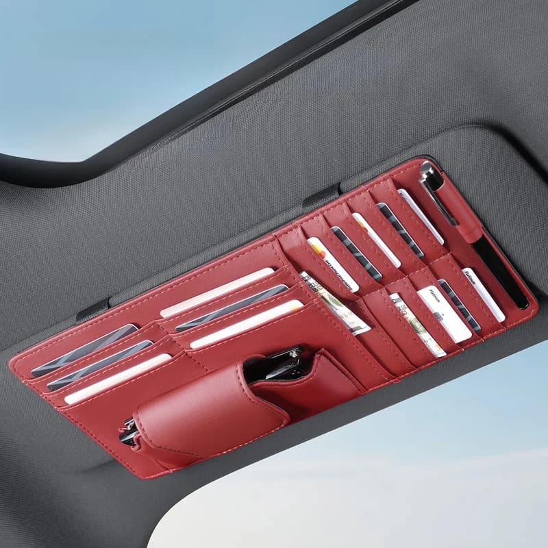 Nappa Leather Magnetic Car Sun Visor Storage Bag Multifunctional Sunglasses Glasses Holder Clip Card Pen Pocket Organizer Auto