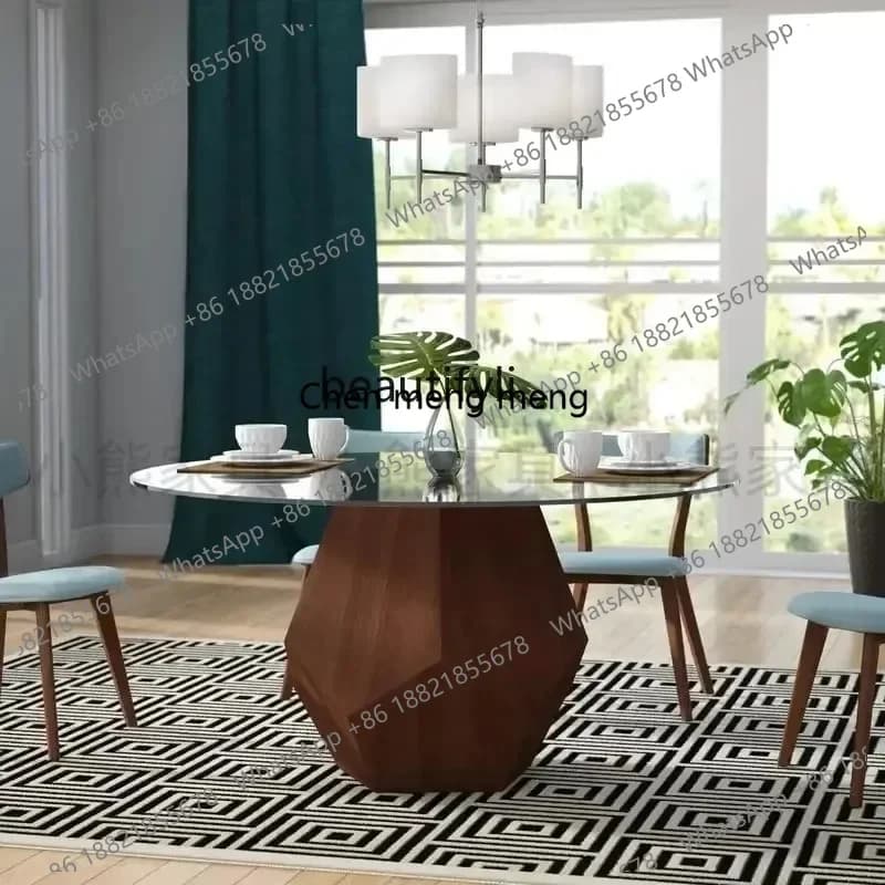 Y183FF cqyItalian minimalist round tempered glass dining table black walnut ash wood simple modern style