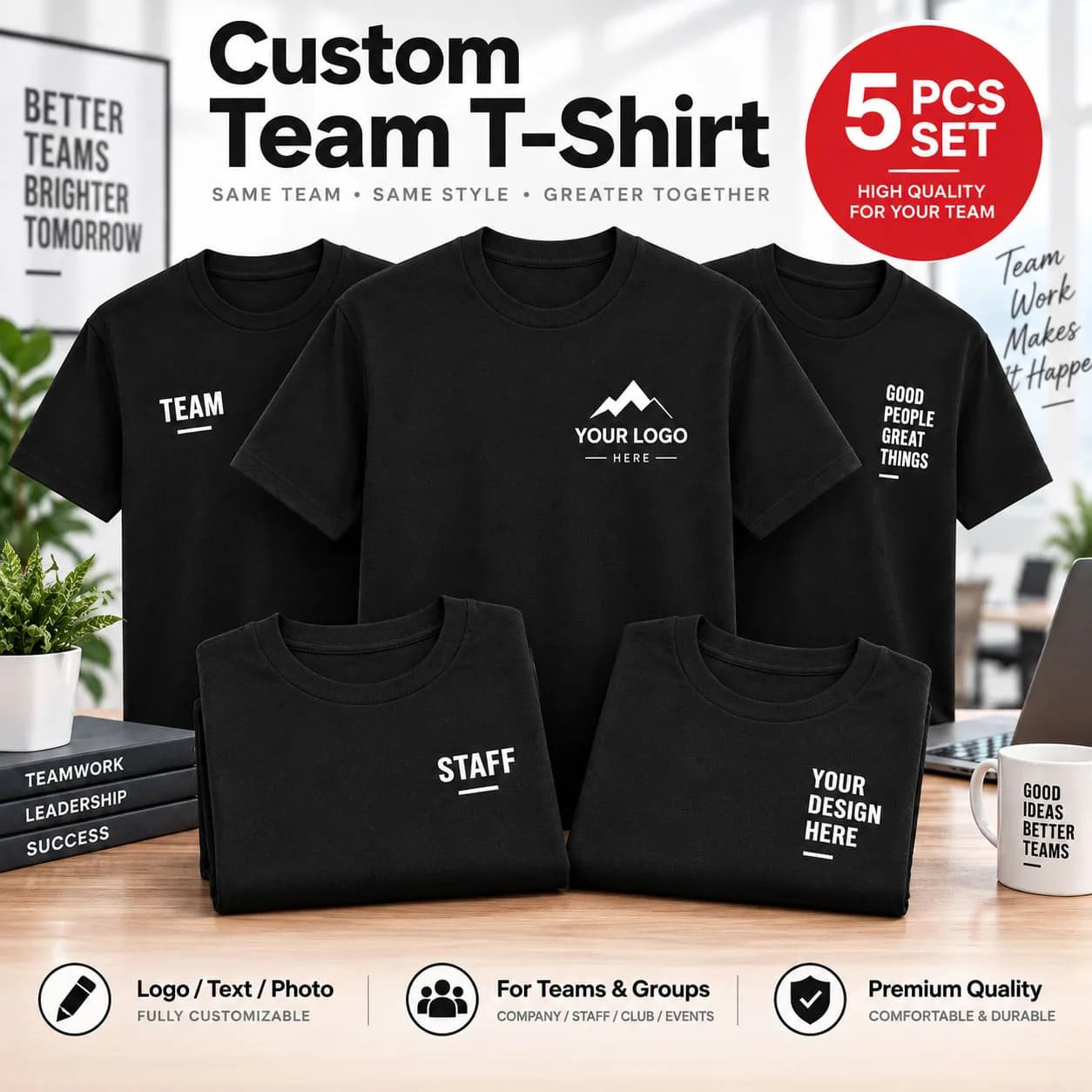 5PCS Custom T Shirt Personalized Logo Photo Text Cotton Short Sleeve Crew Neck Unisex Tee for Team Company Group Event Gift
