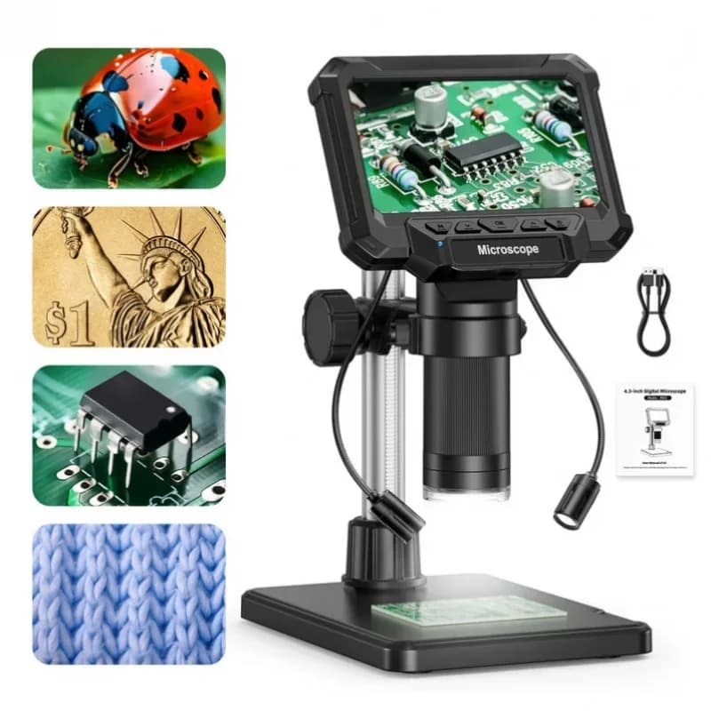 Digital Microscope 4.3-Inch IPS Screen 1920P HD Video 1600X Magnification with LED Lights for PCB Coins Plants