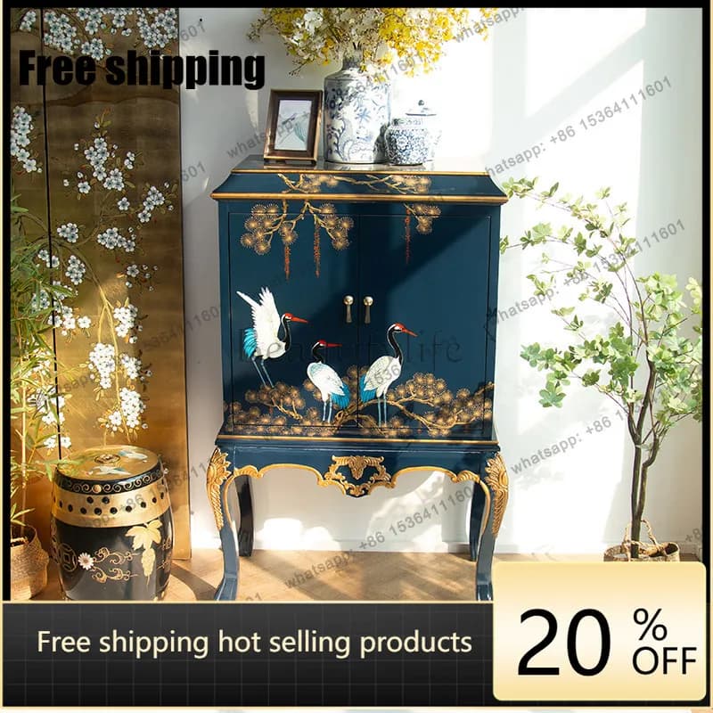 LD25 new Chinese entrance decoration double door wine cabinet solid wood carving flower locker