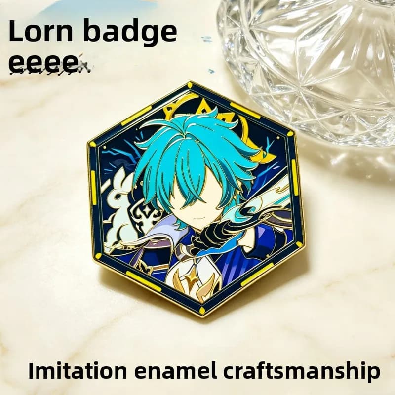 Genshin Impact Lohen Hexagon Enamel Pin Badge, Fanart Metal Lapel Brooch for Backpack, Collectible Gift