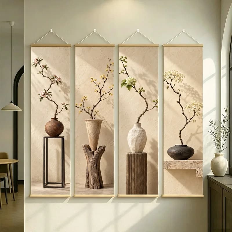 Wall Art Viburnum Blossom and Elderflower Branch, Wabi-Sabi Silver Shimmer Canvas Hanging Scroll for Spa Room Home Decor