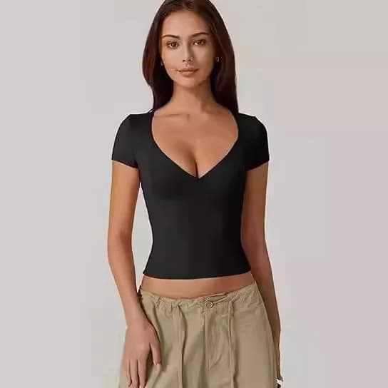 Women's Short Sleeved Fashionable And Sexy Deep V-top With Exposed Navel For Slimming And Slimming Summer Short Sleeved Top