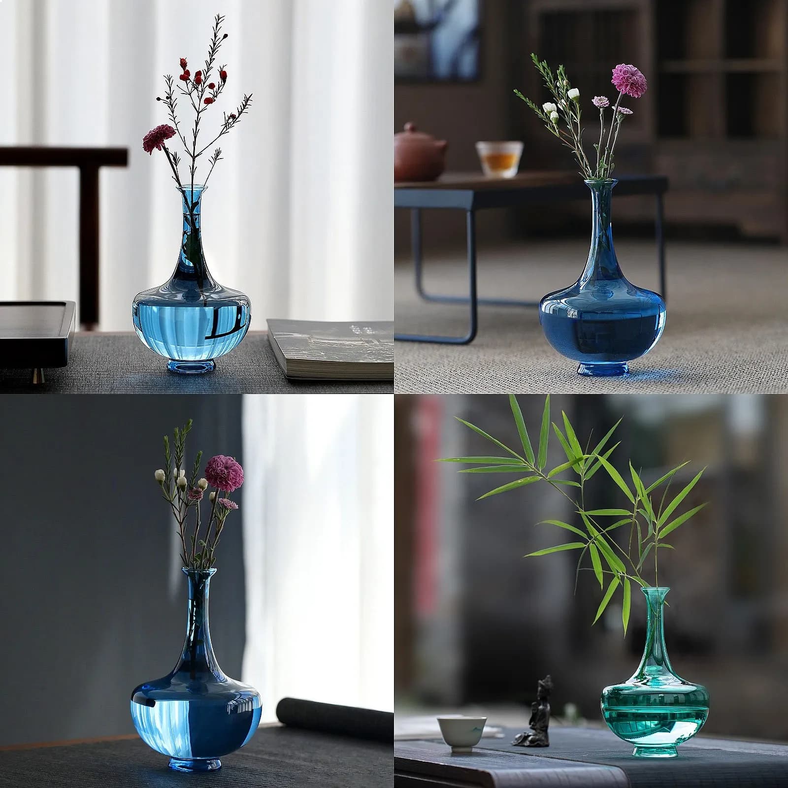 Japanese Jade Green Glass Vase Tea Ceremony Flower Arrangement Chinese Hydroponic Vessel Home Decor Simple Fresh Style